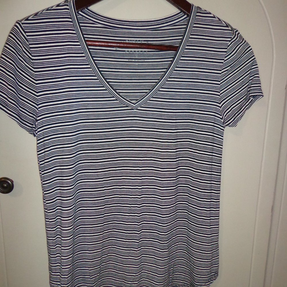 SERIOUSLY SOFT -AERO- PERFECT V Top XS Striped Navy/Wht. V-Neck